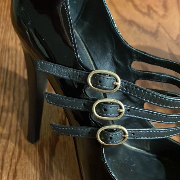 RACHEL ZOE Sam black patent leather 3 strap heeled pump point toe size 10 - Picture 5 of 17